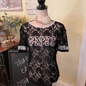 Bongo Y2K 90’s Black Stretch Lace NYC Ringer Tee Top M/L